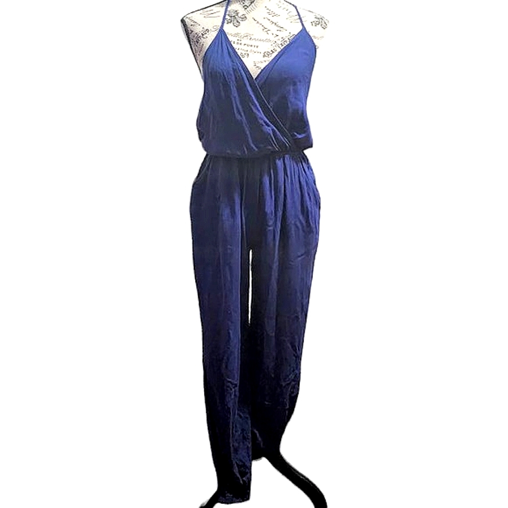Lulus Blue halter top jumpsuit with pockets and wrap‎ top size medium